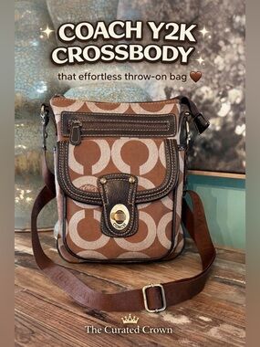 Coach Brown Signature Canvas Crossbody Bag with Dark Brown Trim